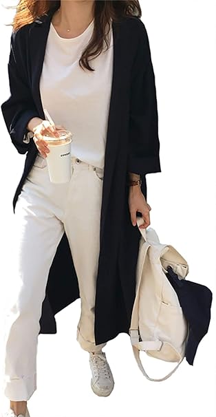 Amazon 春コート レディース ロング丈 コート 無地 シャツワンピース 長袖 体型カバー 着痩せ フリー ネイビー コート ジャケット 通販