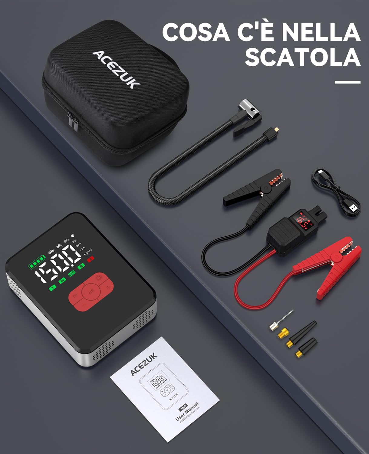 ACEZUK Avviatore Batteria Auto 8000A &150PSI, Avviatore Emergenza per Auto/Moto con Compressore 12V（Tutti Gas o 12L Diesel）600LUMEN LED/3.4"LCD