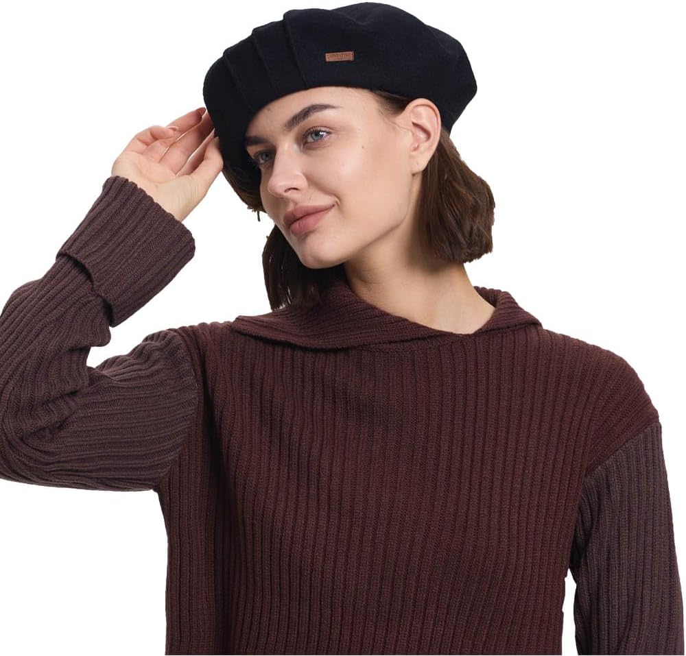 Wool Black Beret Men Women,Large French Beret with Fold Lines & Leather Label,Warm Winter Hat for Punk Fashion