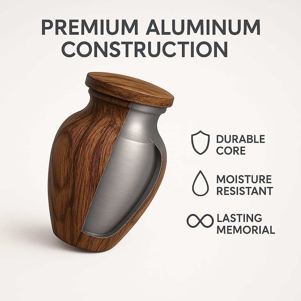 Small Keepsake Urn for Human Ashes – Teak Wood Appearance Memorial – Handcrafted Mini Urn for Sharing – Recycled Cast Aluminum – Secure Lid - Velvet Bag & Funnel – Decorative Container - Image 4