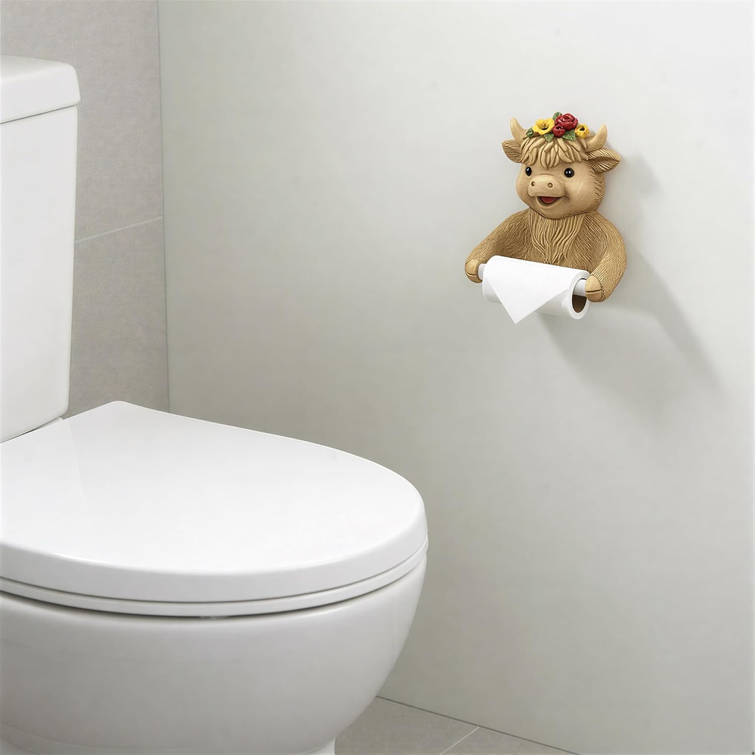 Highland Cow Resin Toilet Paper Holder Free Standing Bathroom Set with Nail for Bathroom, Funny Highland Cow Toilet Paper Roll Holder Unique Tissue Paper Storage for Cute Bathroom Decoration