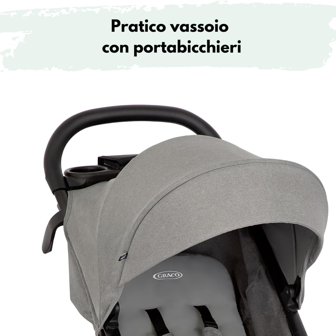 Graco Passeggino Leggero EezeFold DLX, Passeggino da Viaggio con Chiusura a Una Mano, Sospensioni a 4 Ruote, Reclinabile, Cestello Ampio – Grigio Lunare