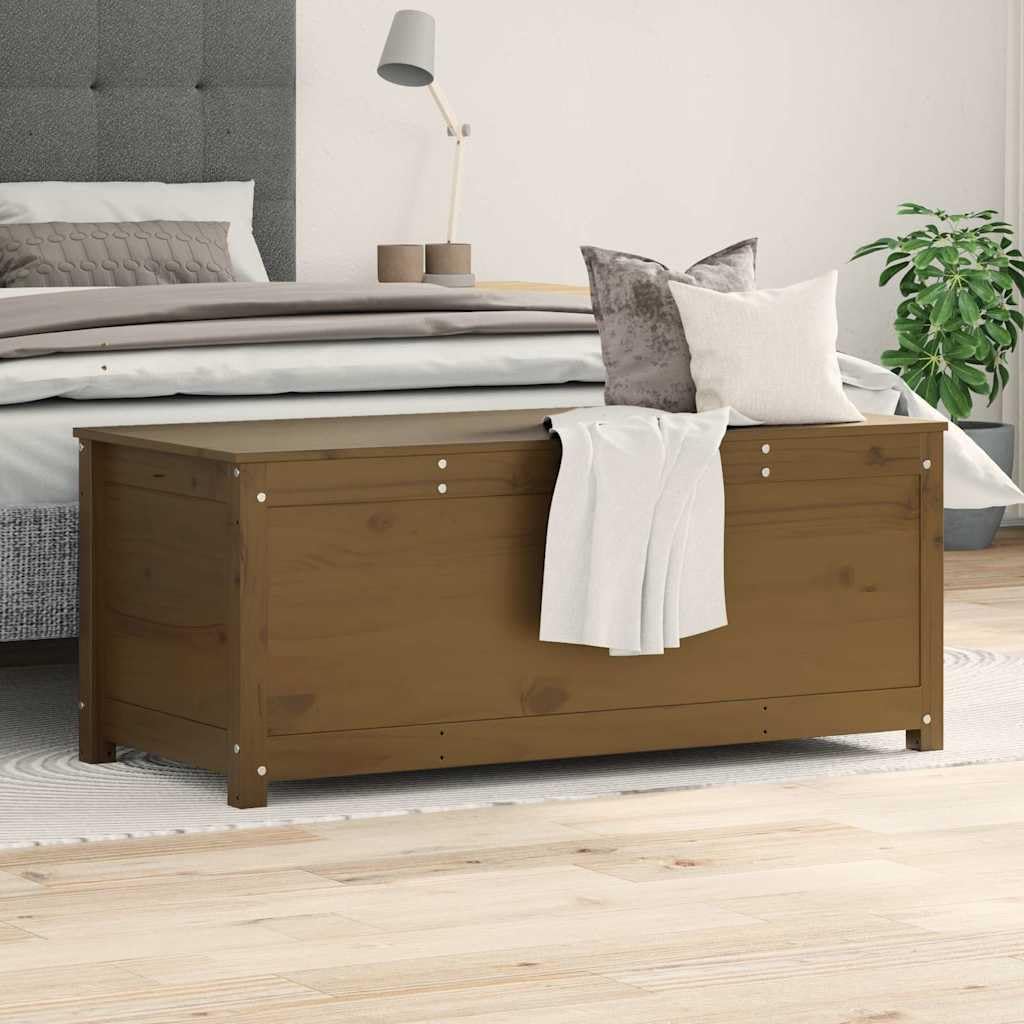 Baúl de pino macizo marrón miel 110 x 50 x 45,5 cm con muelle de gas gran espacio de almacenamiento para salón, dormitorio, pasillo y cocina, solución de almacenamiento versátil