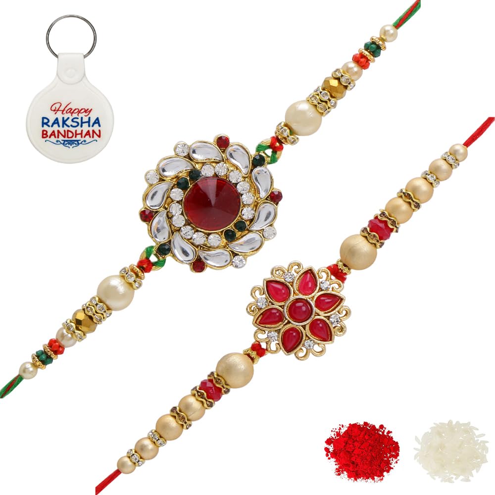 Riddhika Ventures Stylish Kundan and AD Ring Rakhi (Set of 2) (Bracelet) with Roli Chawal,Greeting Card and One Motivational Keychain (K11K14K)