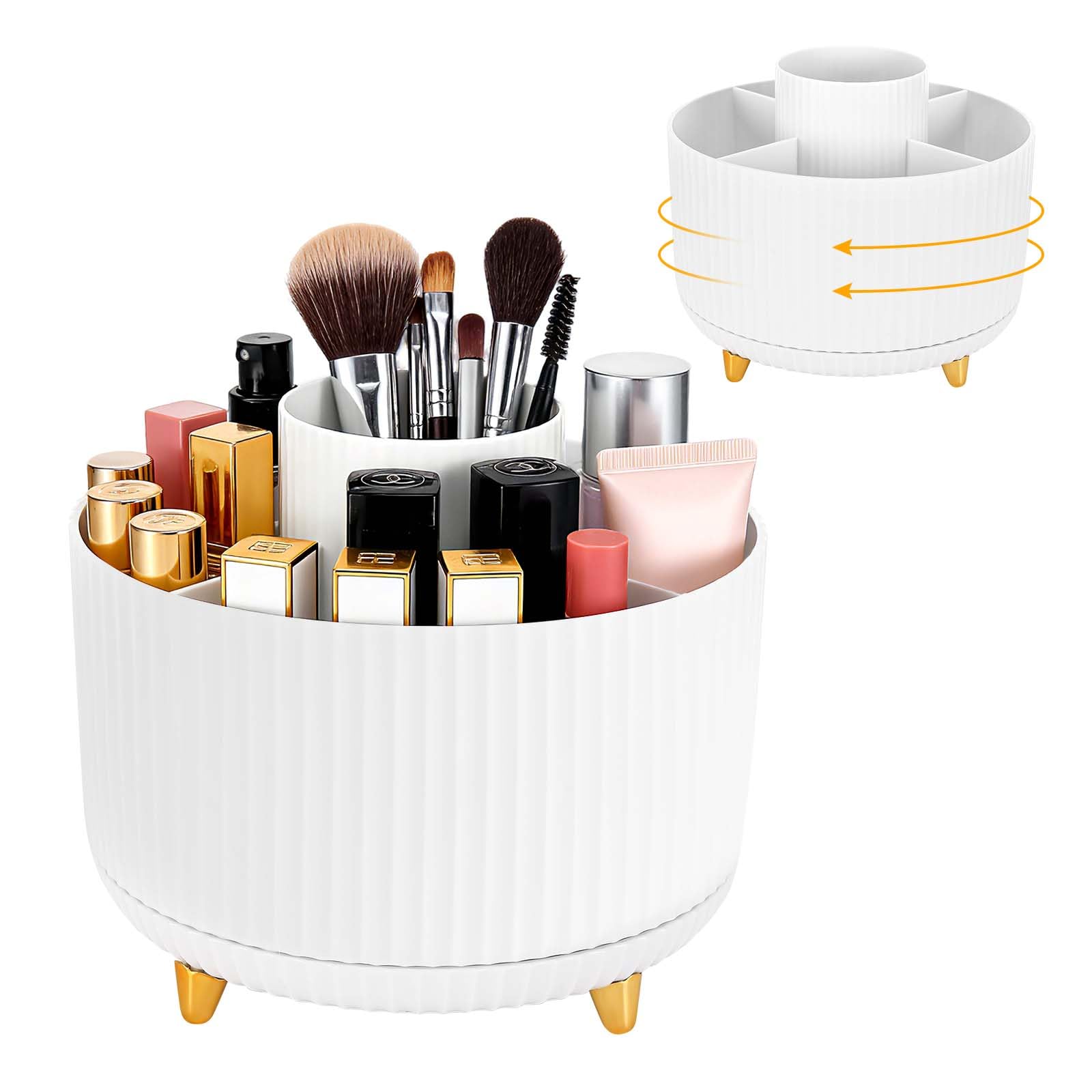 360° Rotante Porta Trucchi Organizer, Spazzola per Trucco 5 Griglie, Multifunzione Organizer per Trucco Cosmetico, Organizer Girevole per Comò, Camera da Letto, Bagno (Bianco)