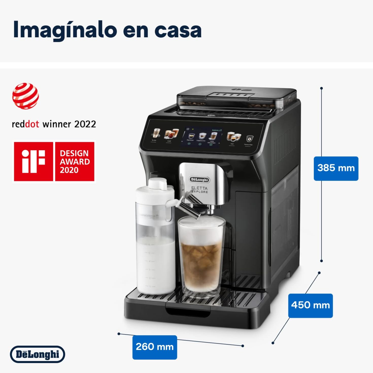 De'Longhi Eletta Explore ECAM452.67.G, Cafetera Superautomática Bebidas Calientes y Frías con Cold Extraction Technology, Recetas Cold Brew, LatteCrema Hot and Cool para Leche y Bebidas Vegetales