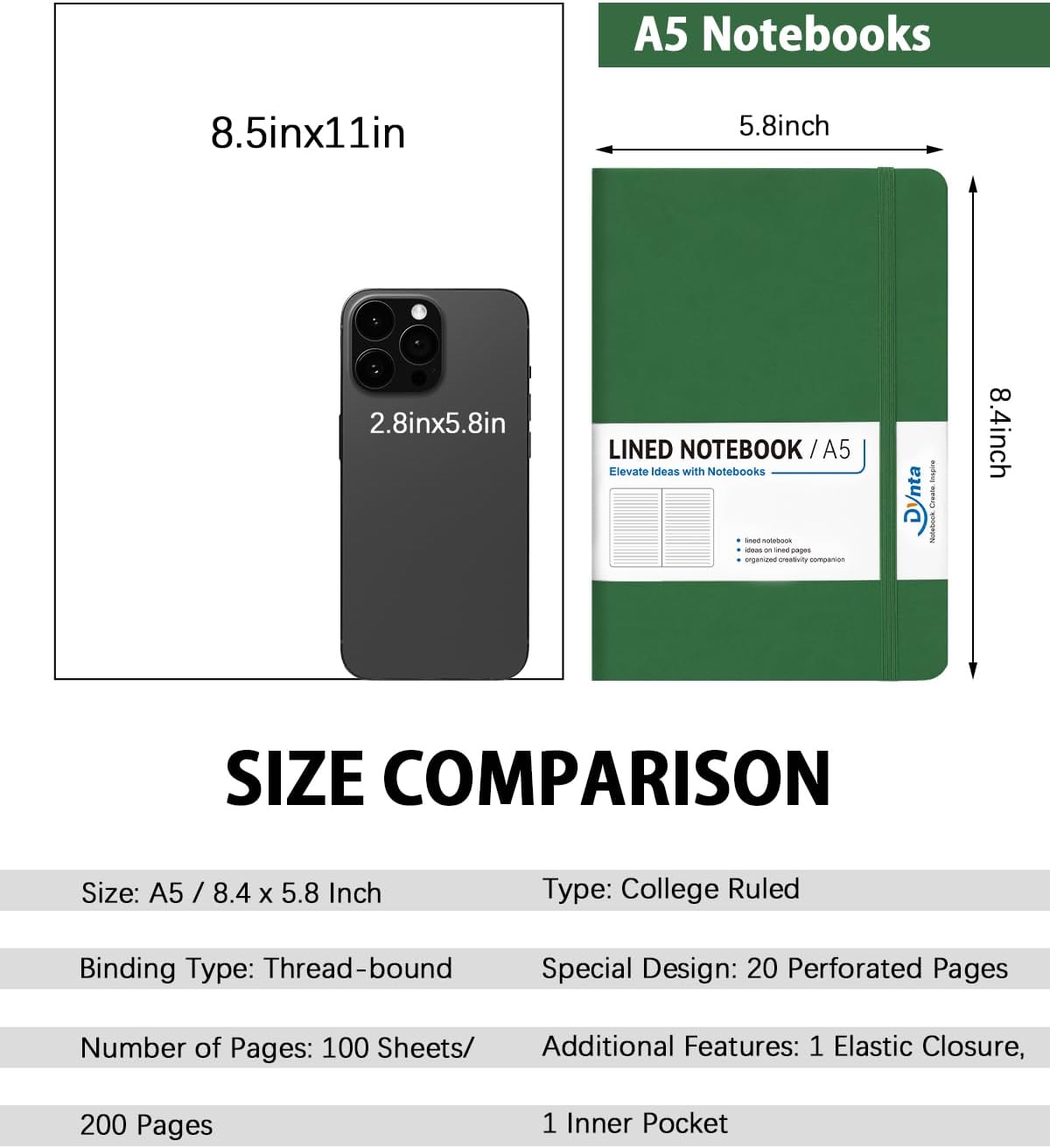 Dynta Hardcover Journal Notebooks, 10 Packs A5 Lined Journals Bulk for Writing 200 Pages/100Sheets, 8.4 x 5.8 inch, Classic Ruled Notebook for Work/Travel/College/Note Taking(Dark Green)