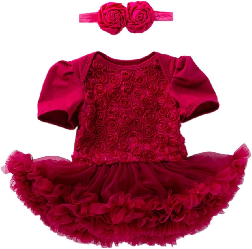 Beide Baby Girls Princess Rose Dress Short Sleeve with Headwear for Wedding Party (3-6M, Red Wine)