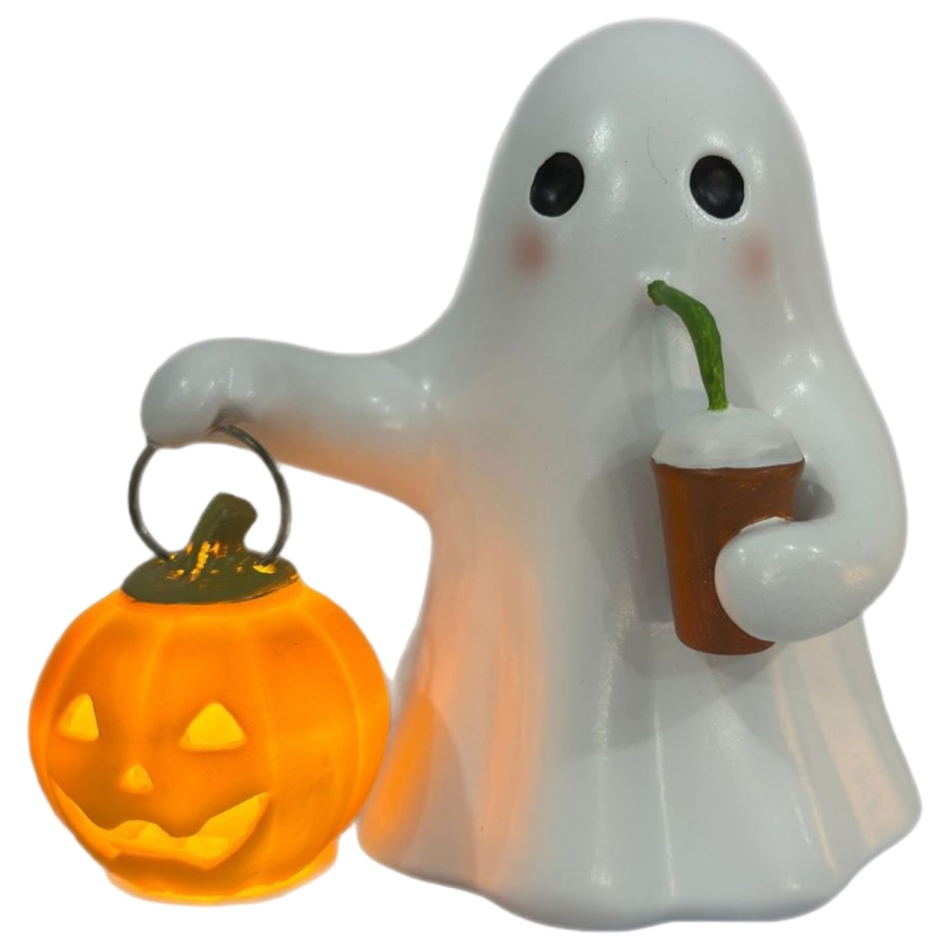 Gcroet 1PC Ghost Lamp Cute Drinking Coffee Ghost Statue with Pumpkin Lantern Halloween Decor for Home Office Bookshelf, Tabletop
