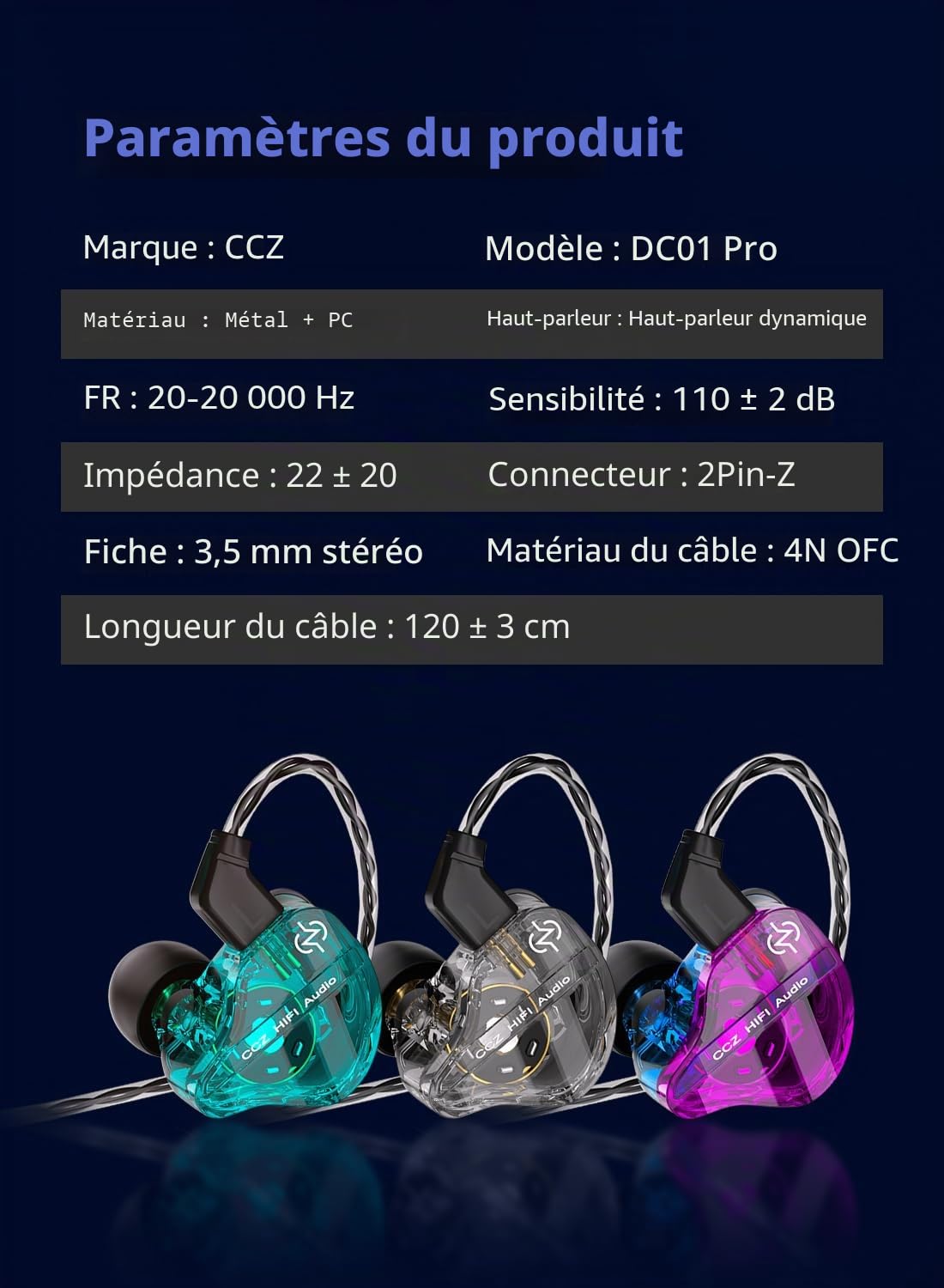keephifi CCZ DC01 Pro in Ear Monitor,1DD HiFi Bass IEM, écouteurs filaires écouteurs Intra-Auriculaires OFC détachables 2Pin-Z câble in Ears pour Musiciens, batteurs(Violet,sans Micro)