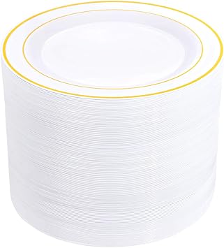 bUCLA 100Pieces Gold Plastic Dinner Plates - 10.25inch White and Gold Plates Disposable for Party - Ideal for Wedding, Party & Daily Use