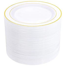 bUCLA 100Pieces Gold Plastic Dinner Plates - 10.25inch White and Gold Plates Disposable for Party - Ideal for Wedding, Party & Daily Use