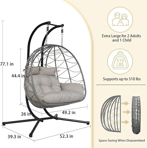 Miniatura 2 de Silla doble con soporte para patio con cojín para exteriores, impermeable, colgante, cesta de ratán de mimbre (color gris doble)