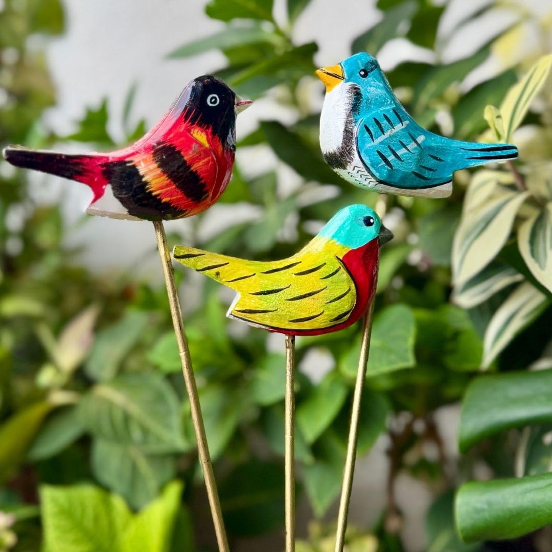 Assorted Bird Wooden Garden Stake - Set of 3 | Handcrafted by Rajasthan artisans | Boho Garden/Balcony Decor | Easy to use in pots, patios, lawns | Multicolour