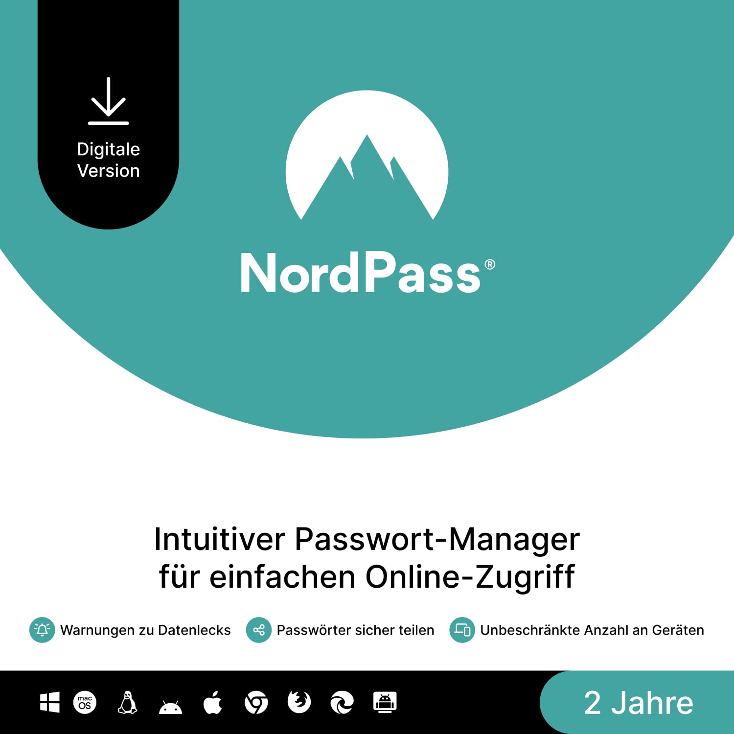 NordPass Premium, unbegrenzte Geräte, 2 Jahre, Passwort-Manager, Digitaler Code