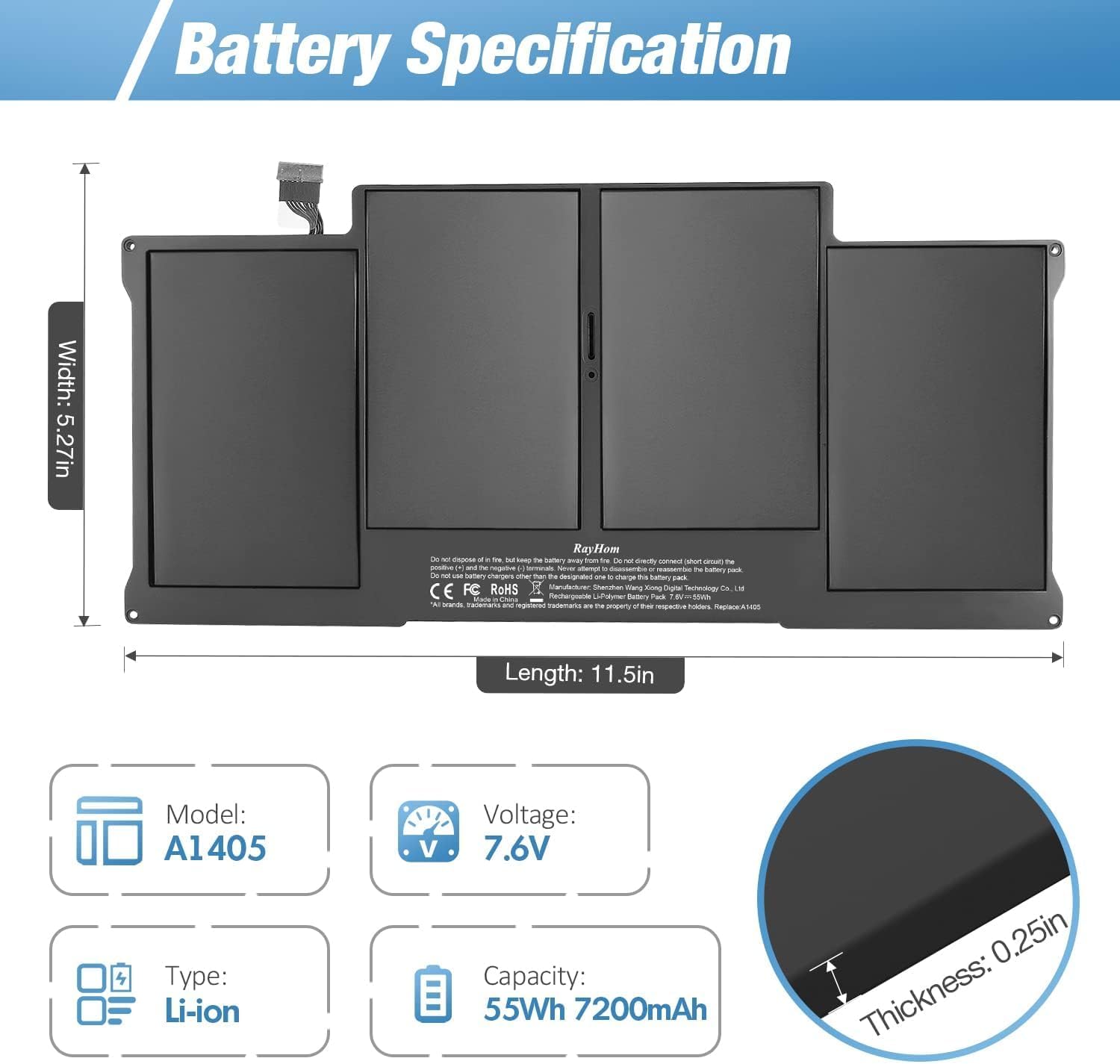 7200mAh Replacement Battery for MacBook Air 13" A1466 (2012-2017) & A1369 (2010-2011), High Performance, Compatible with A1496 A1405 A1377, Easy Installation
