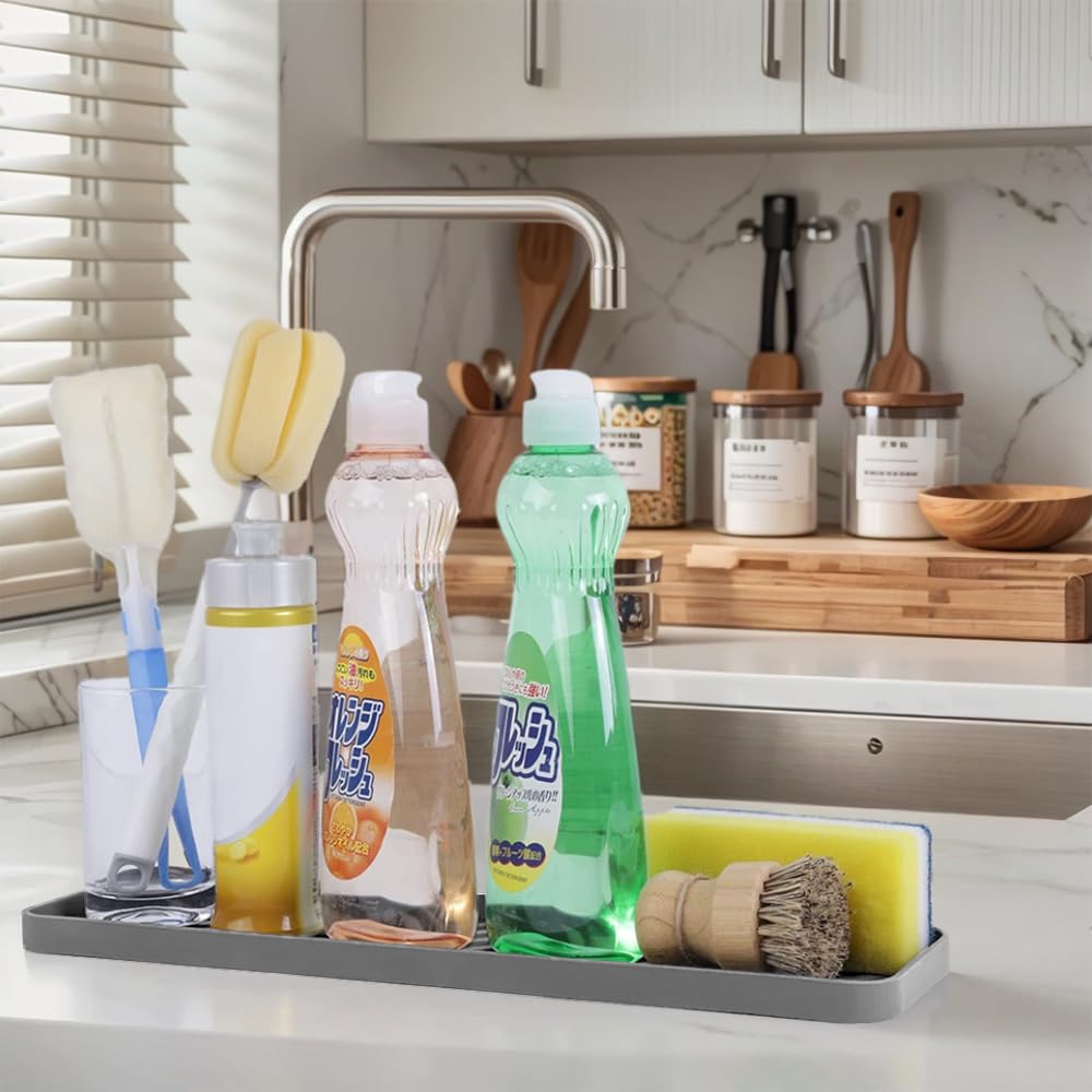 HvOvMvE Silicone Organizer Tray for Kitchen Sinks and Bathrooms. Dishwasher-Safe, Non-Slip Countertop Tray, Bathroom Drawer Organizer Trays. Perfect for Makeup & Trinkets (Gray L 1PC)