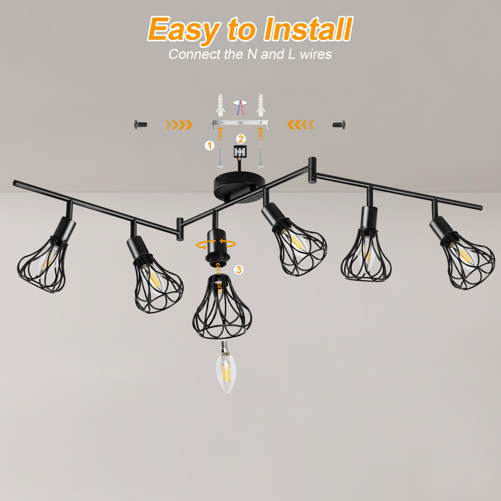 GeyouLux Deckenlampe LED Deckenleuchte E14 Deckenstrahler 6 Flammig Schwenkbar 350° Deckenspots Retro Küchenlampe Wohnzimmerlampe Schwarz Lampe für Küche Wohnzimmer Flur Schlafzimmer Ohne Leuchtmittel