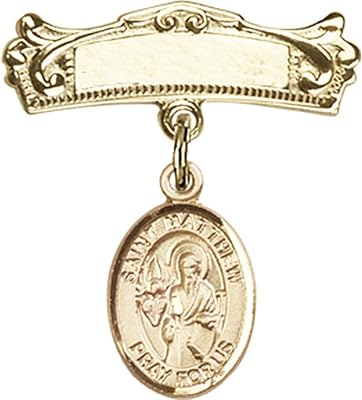 14kt Yellow Gold Baby Badge with St. Matthew the Apostle Charm and Arched Polished Badge Pin 7/8 X 3/4 inches