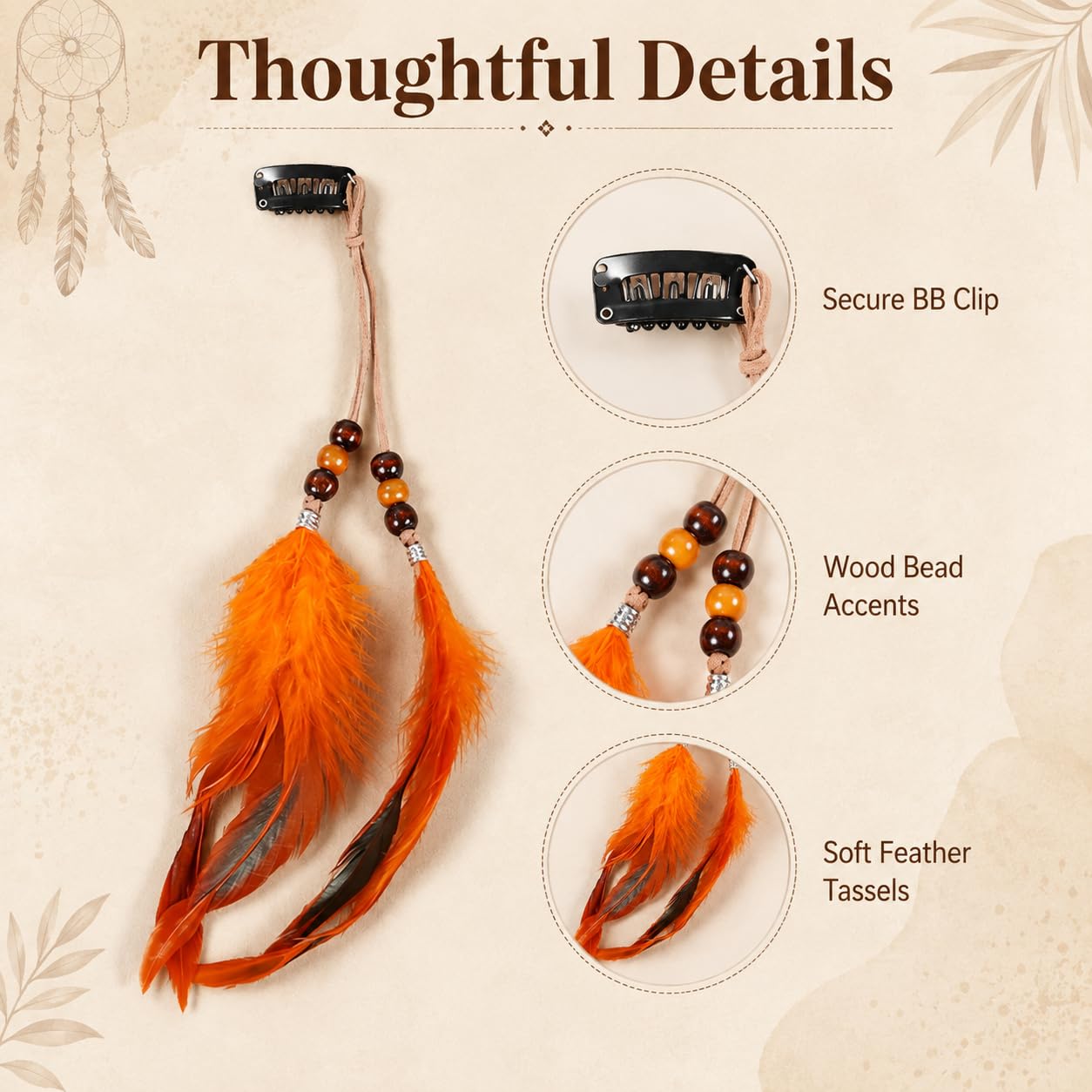 3 PCS Orange Feathers Hair Clips, Boho Long Tassel Barrettes image 5