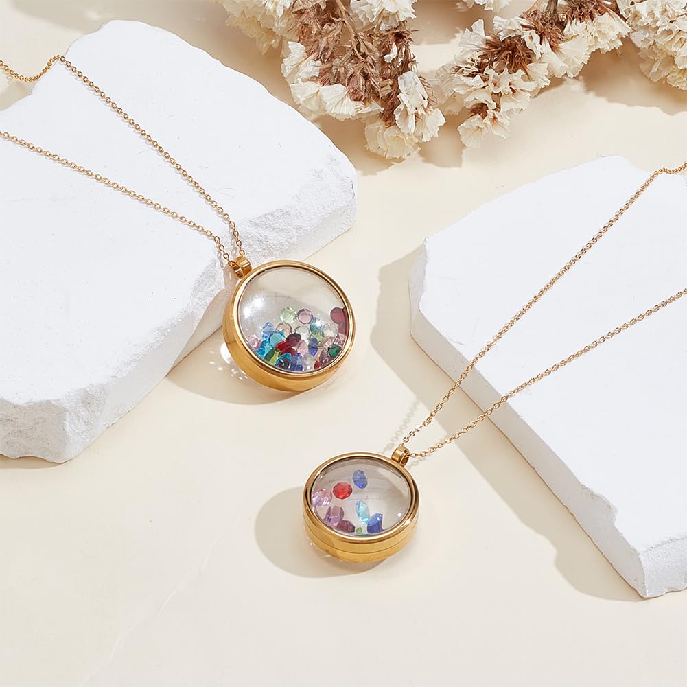 PLIGREAT 2 Stück Lebende Schwebende Erinnerungskette Rundes Edelstahl Medaillon Mit Strasssteinen Ketten Und Glas Fotoanhängern (Größe 2) – ideal Für Damen Und Zum Selbermachen von Schmuck. Gold