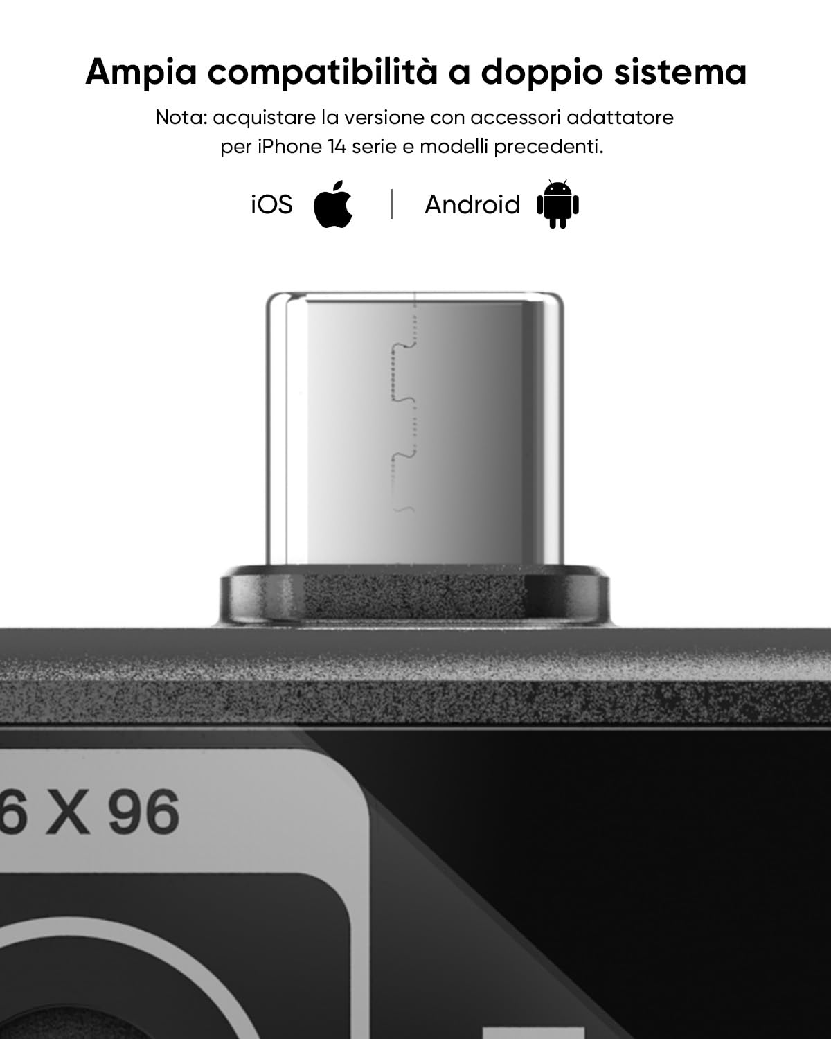 Termocamera HIKMICRO MiniE Android/iOS, risoluzione IR 96×96, SuperIR 192×192, senza batteria, porta USB-C, compatibile con iPhone 15/16/17 (accessori esclusi)