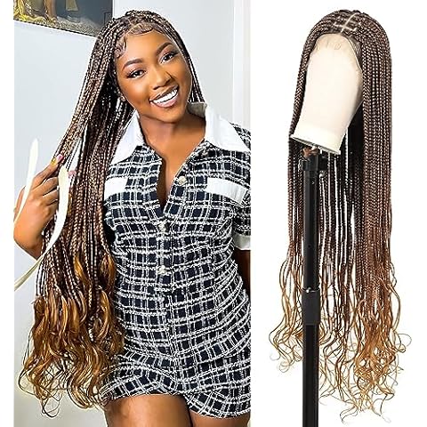 Lexqui 38" Knotless Braided Wigs for Women Full Double Lace Braided Wigs with Wavy Loose Curl End Long Human Hair Blended Lace Front Box Braid Wig with Baby Hair Ombre Brown Blonde Cover