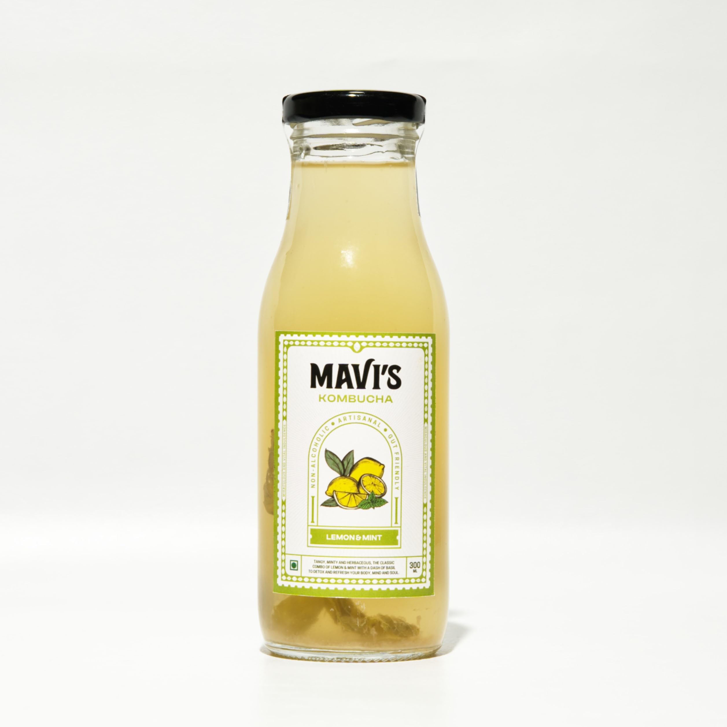 MAVI'sMAVI's Artisanal Lemon Mint Kombucha | Real Citrusy Lemon & Organic Basil Leaves | 100% Natural & Organic | No Preservatives, No Artificial Flavour or Colour | 300 ml