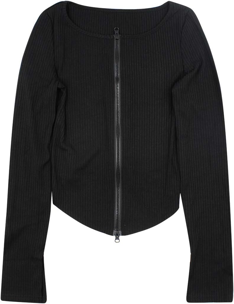 Women Sexy Ribbed Knitted Crop Top Double Zip Up Long Sleeve Tops T Shirt for Causal Party Streetwear - Image 6