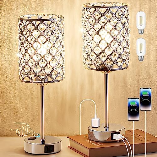 Sliver Crystal Table Lamps for Bedroom Set of 2, Nightstand Touch Lamp