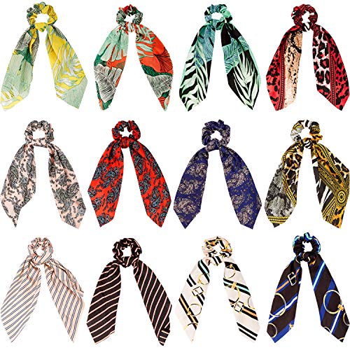 12 Pieces Hair Scarf Satin Silk Scrunchies Solid Retro Elastic Hair Bands Hair Scarf Bohemian Style Ponytail Holder Ties Bunny Ear Bowknot Scrunchie Vintage Hair Accessories for Women Girl (Style G)