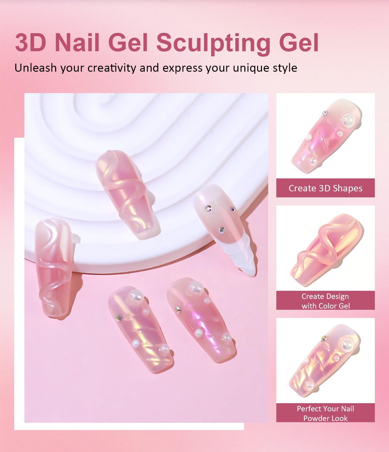 BISHENGYF Multifunctional 3d Nail Gel: No Wipe 15g 3d Gel For Nails And 6pcs Silver/Gold Chrome Nail Powder,Metallic Yellow Pearl Chrome Nail Powder,5d Molding Ge l For Nai ls Decoration (Pink/Rose) - Image 3