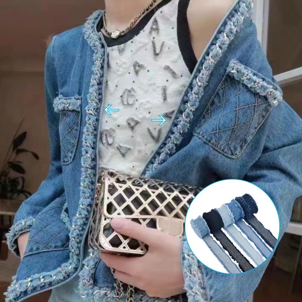 SUPERFINDINGS 5 Rolls Total 10 Yards Fringes Fabric Ribbon 0.98" Width Denim Ribbon Wrapping Frayed Cotton Jean Fabric Ribbon for Gifts Wrapping Hair Sewing Accessories Weddding Decor
