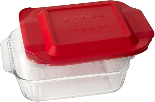 Miniatura 1 de Pyrex Fuente cuadrada para horno, de 8 pulgadas, con tapa plástica roja.