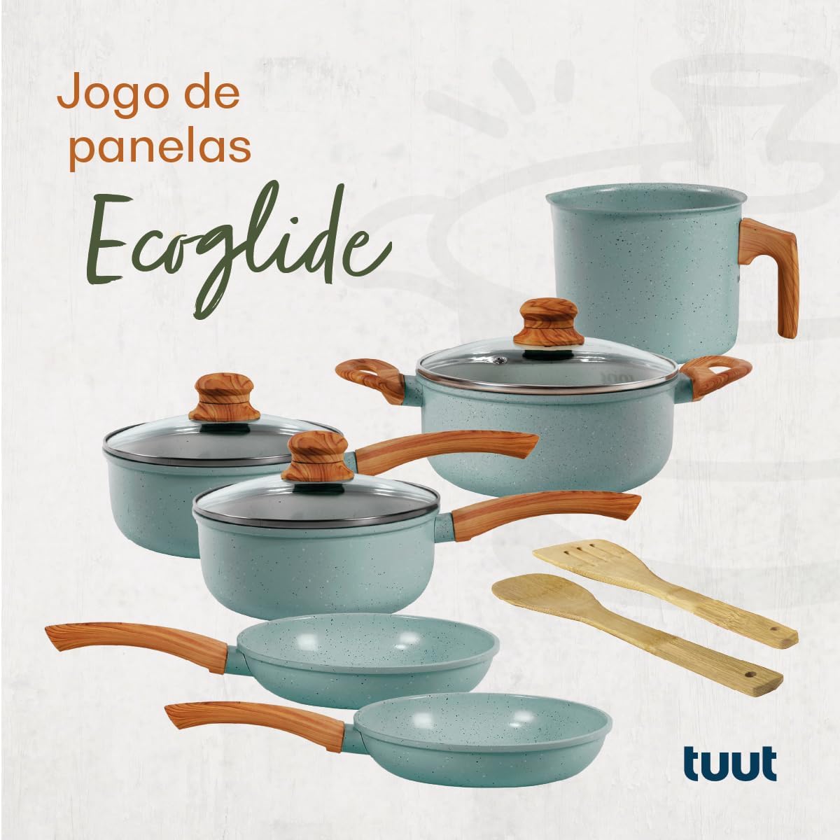 Imagem em 3D com fundo claro e texturizado, destacando as panelas.