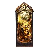 3D Wooden Puzzle Bookshelf Insert Decor with Sensor Light Music Box,DIY Dollhouse Miniature Book Noo