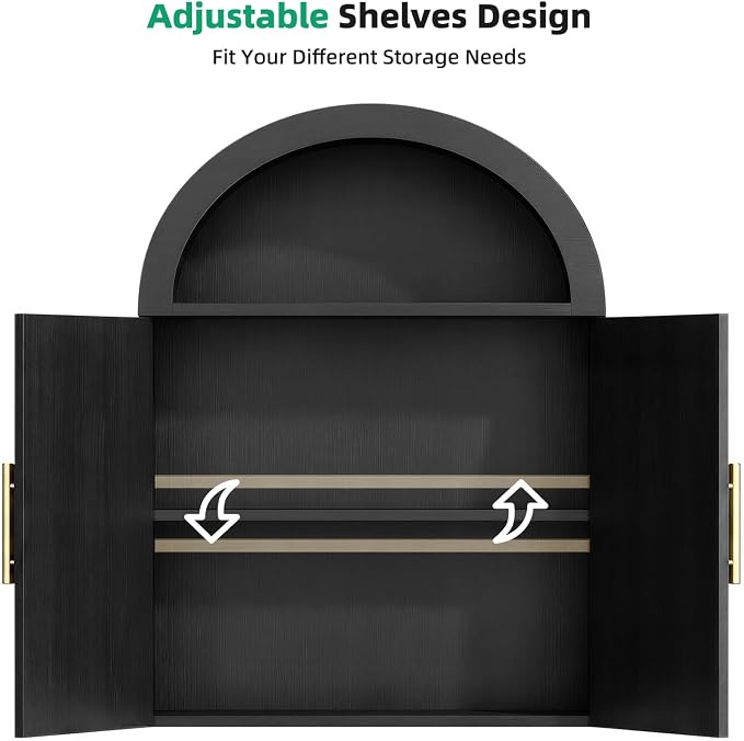 Armario de pared arqueado Kalrin, armario moderno para baño de madera con puerta y estante ajustable, organizador negro miniatura 4