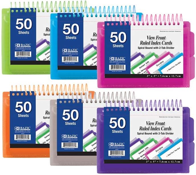 6 Pk 50 Sheets View Poly Spiral Bound 3" X 5" Ruled White Index Card With 2-Tab Divider