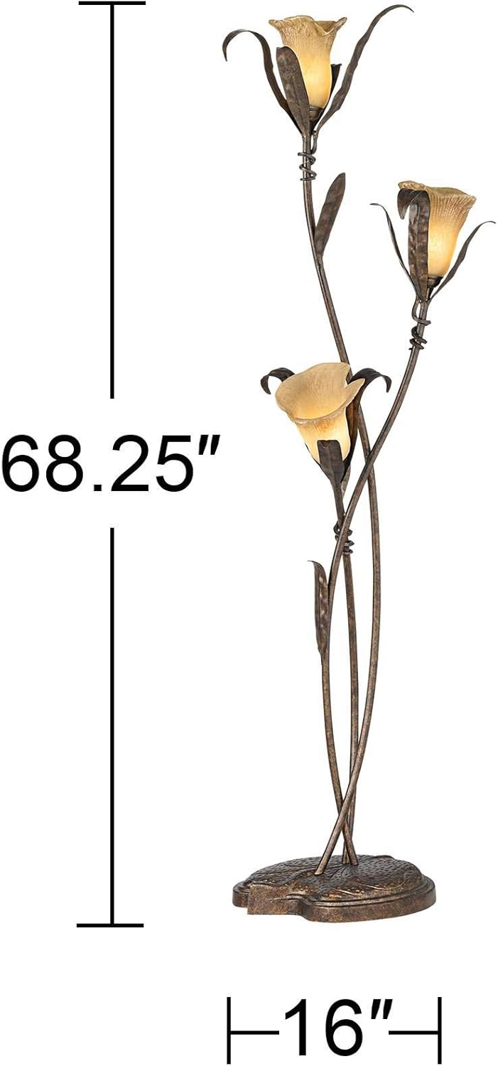 Franklin Iron Works Rustic Farmhouse Sculptural Floor Lamp Standing 68 1/4" Tall Bronze Gold 3-Light Amber Glass Intertwined Lily Flower Shade for Cottage Core Living Room Reading Bedroom Office