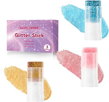 HAIOLORPRO Gold Blue Pink Body Glitter Stick, Face Hair Glitter Stick for Kids, Glitter Face Paint Hair Accessories for Women Girls Singer Concert Festival Rave Disco Party Mermaid Sparkly Makeup