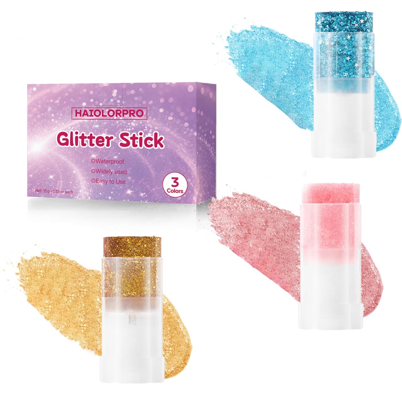 HAIOLORPRO Gold Blue Pink Body Glitter Stick, Face Hair Glitter Stick for Kids, Glitter Face Paint Hair Accessories for Women Girls Singer Concert Festival Rave Disco Party Mermaid Sparkly Makeup Gold+Blue+Pink