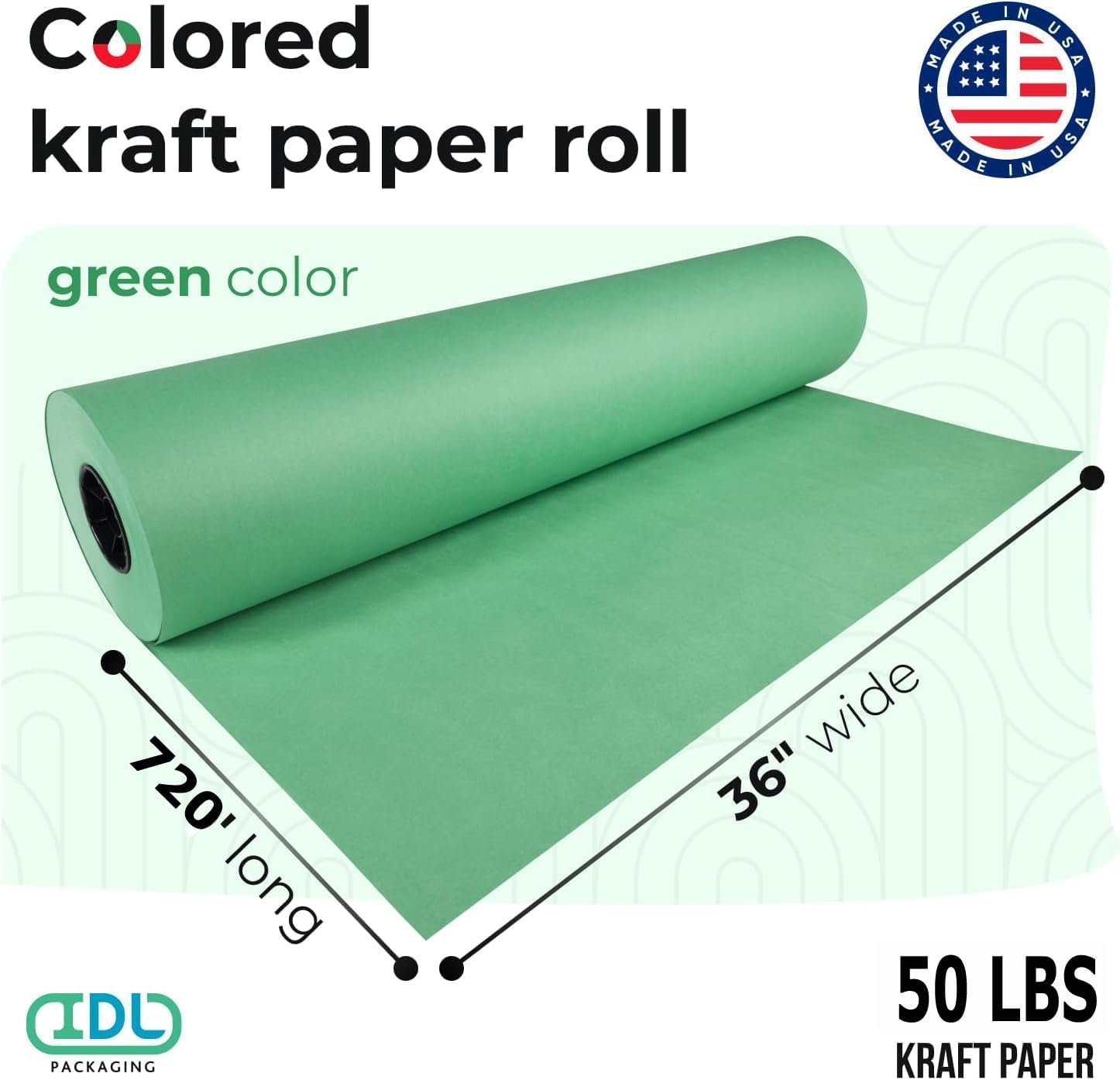 Jumbo Roll Green Kraft Paper 36" x 8640" (720 feet) - USA-Made Craft Paper Roll 50 lb Thickness - Green Wrapping Paper for Art - Roll of Craft Paper for Moving by IDL Packaging