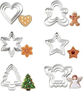 18Pcs Christmas Cookie Cutter Set 6 Shapes Gingerbread Man, Snowflake, Tree, Heart, Star, Angel Metal Baking Tools for Cookies, Pastries, DIY Crafts, Holiday Winter Baking