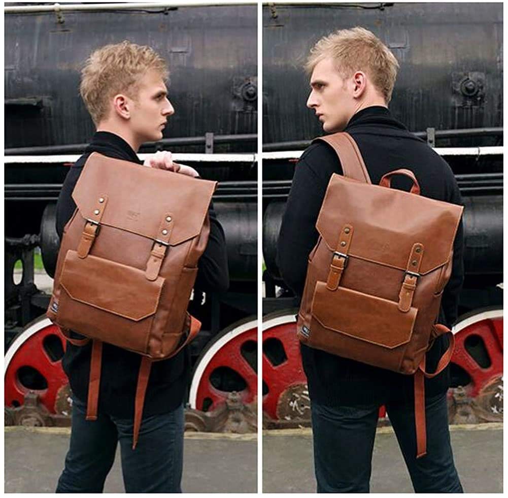 Retro PU-Leder Vintage Rucksack Wanderrucksack Damen Herren Schultertasche, L, Braun 1