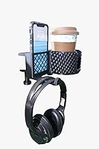 3-in-1 Desk Cup, Phone & Headphone Holder, Clamp On Organizer with Cable Pass Through, Space Saving Desk Accessory for Office & Gaming Setups and work station