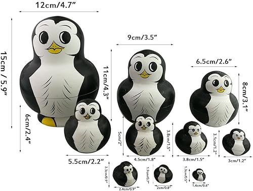 Miniatura 6 de Juego de 10 muñecas de madera de pingüino de gran vientre, hechas a mano, muñeca rusa Matryoshka en una caja con lazo para niños, juguete de