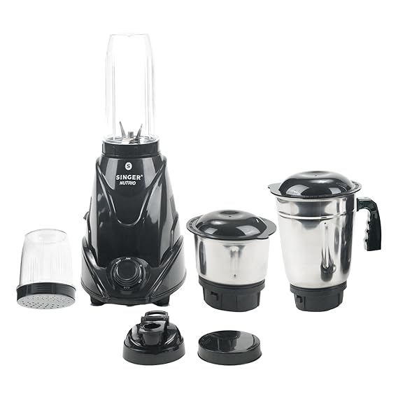 SINGER Nutrio Mixer Grinder with 4 Jars | 500-watt | 3 speed Control with Incher | Shock Proof ABS Body | ISI Mark | 2 Years Warranty | Black