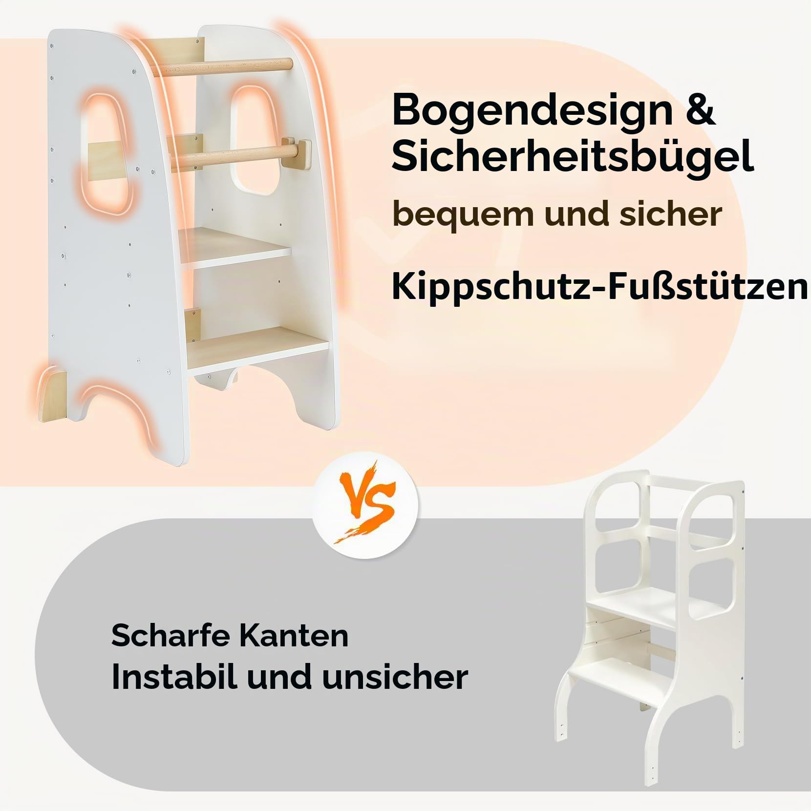 Ezebaby Lernturm ab 1 Jahr, Learning Tower, Höhenverstellbar Montessori Lernturm mit Kippschutz, Abnehmbare Sicherheitsgeländer, Massiv und Stylisch (Weiß)