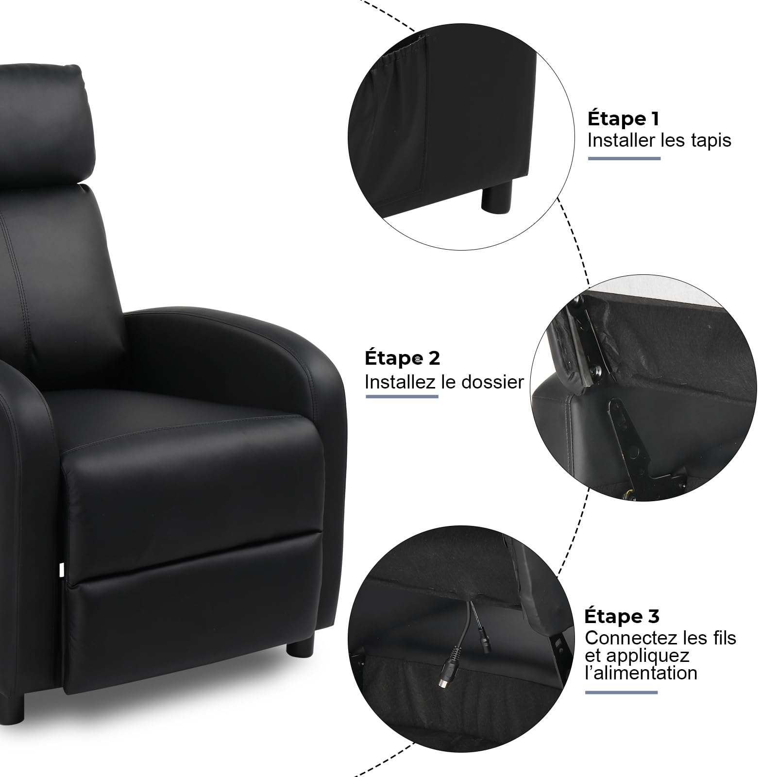 LEADZM Fauteuil Inclinable avec Massage Électrique, Chauffage et Dossier Basculant à Commande Manuelle – Fauteuil Relax pour Chambre, Salon et Home-Cinéma (PU, Noir)