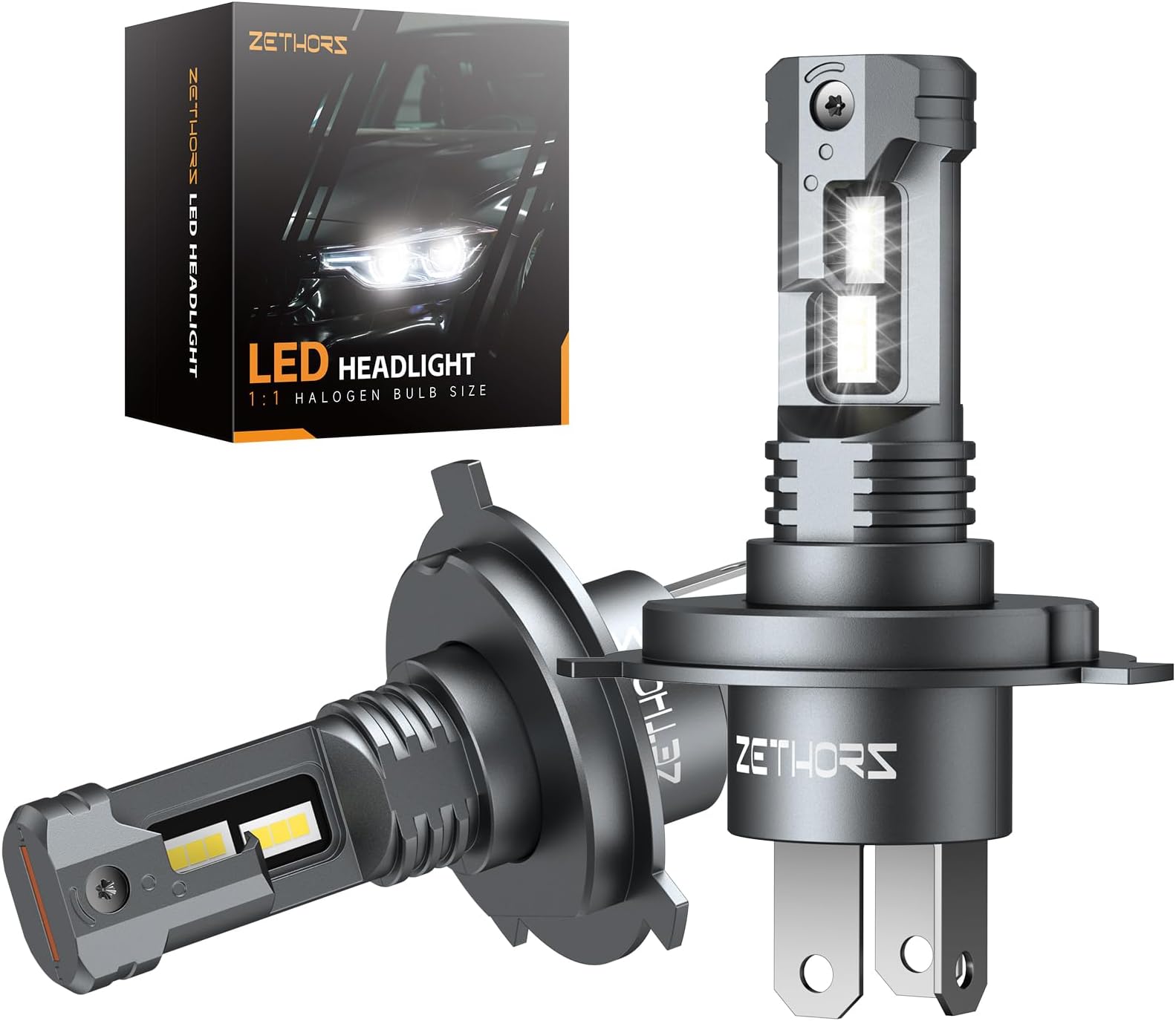Zethors H4 LED Headlight Bulbs 400% Brighter Wireless headlight bulbs, 16000LM Mini H4 headlight bulbs Fanless car bulb kit High Low Beam, H4 LED Halogen Replacement,Non-polarity Plug and Play